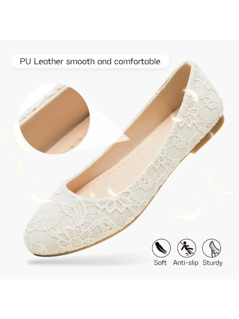 Women's Beige Round Toe Lace Ballet Flats Dressy Comfortable Dress Shoes